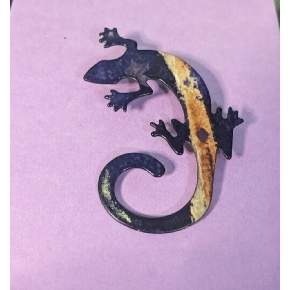 Vintage Brooch Pin Southwestern Desert Lizard Gecko Blue Tan Metal Statement